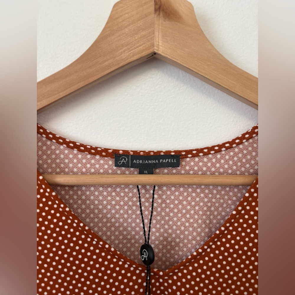 Adrianna Papell Pleated Sleeve Print Knit Top – Orange/White Polka Dot – NWT - Picture 2 of 4